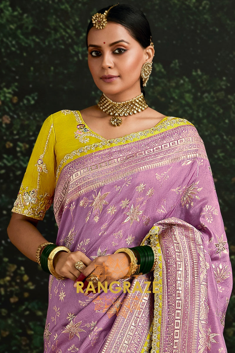 Lavender and Yellow Designer Banarasi Silk Saree