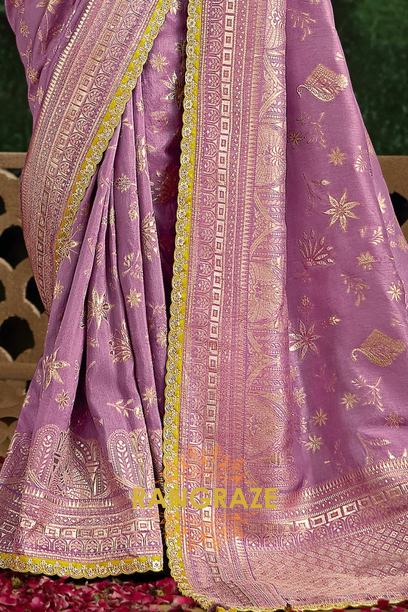 Lavender and Yellow Designer Banarasi Silk Saree