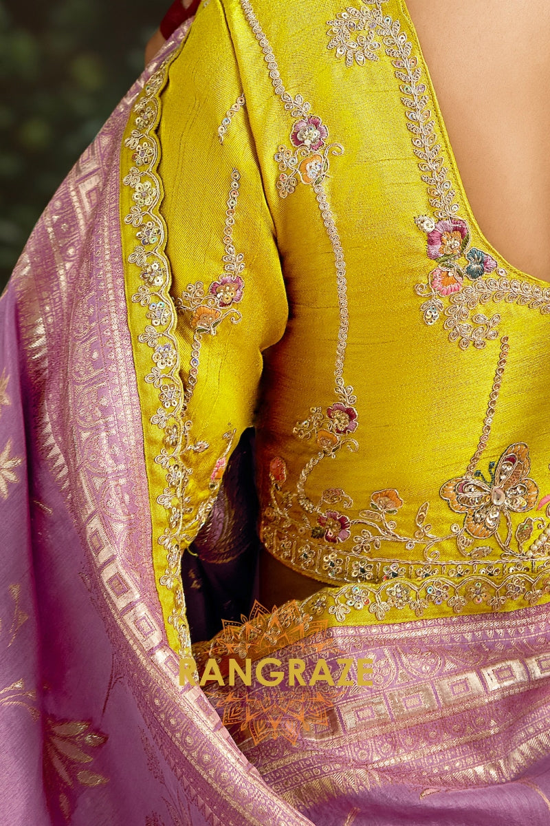 Lavender and Yellow Designer Banarasi Silk Saree