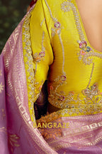 Lavender and Yellow Designer Banarasi Silk Saree