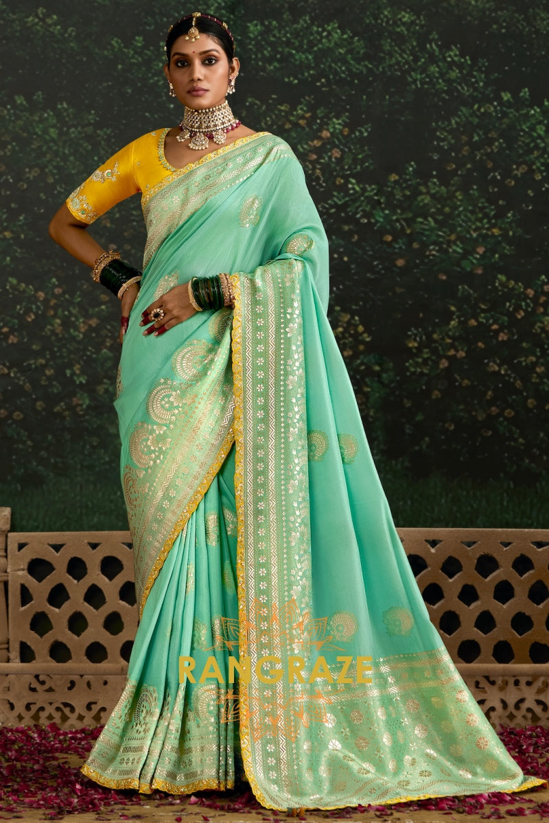 Mint Green and Mustard Yellow Designer Banarasi Silk Saree