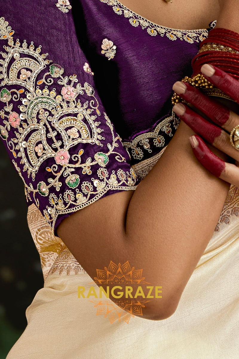 Ivory and Purple Banarasi Silk Saree – An Epitome of Timeless Elegance