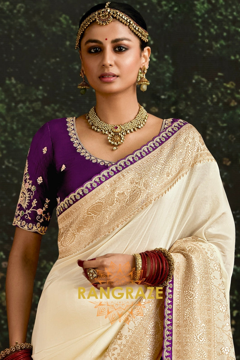 Ivory and Purple Banarasi Silk Saree – An Epitome of Timeless Elegance