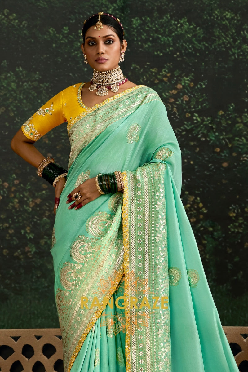 Mint Green and Mustard Yellow Designer Banarasi Silk Saree