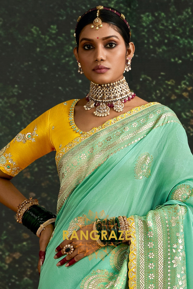 Mint Green and Mustard Yellow Designer Banarasi Silk Saree