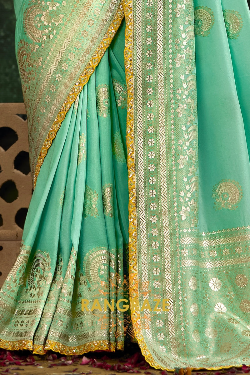 Mint Green and Mustard Yellow Designer Banarasi Silk Saree