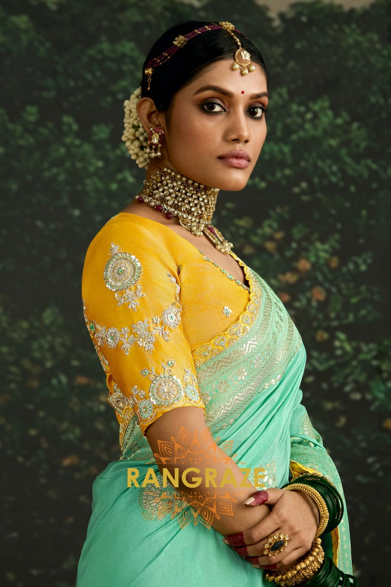 Mint Green and Mustard Yellow Designer Banarasi Silk Saree