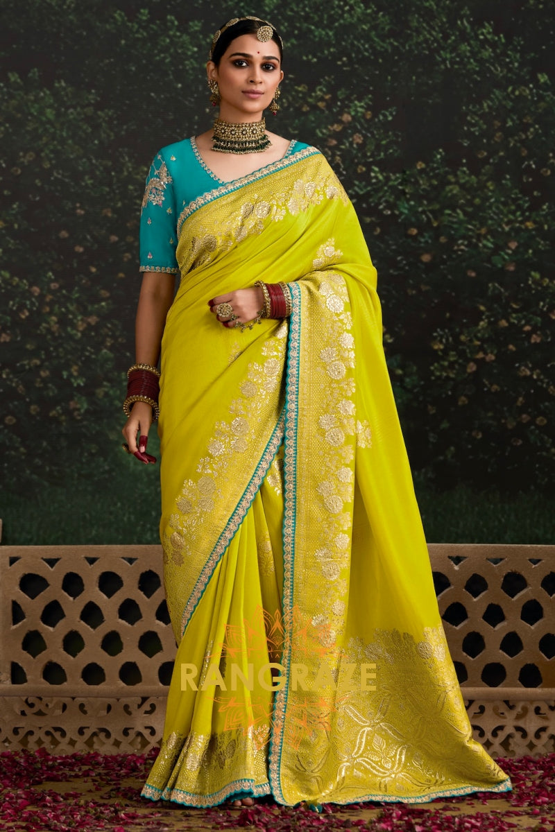Vibrant Lime Yellow and Aqua Blue Banarasi Silk Saree