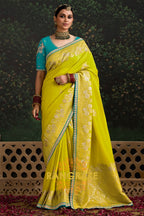 Vibrant Lime Yellow and Aqua Blue Banarasi Silk Saree