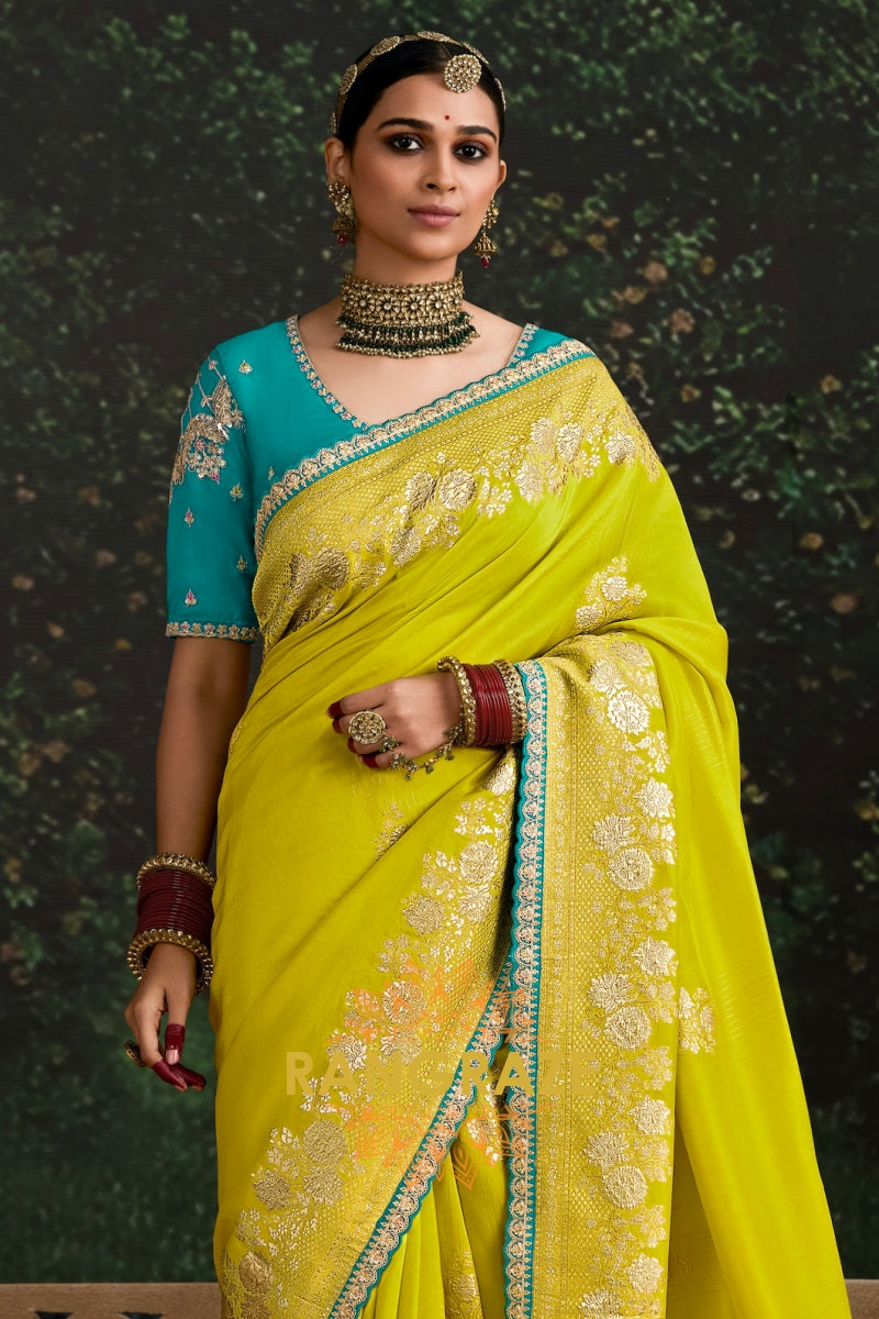 Vibrant Lime Yellow and Aqua Blue Banarasi Silk Saree