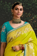 Vibrant Lime Yellow and Aqua Blue Banarasi Silk Saree