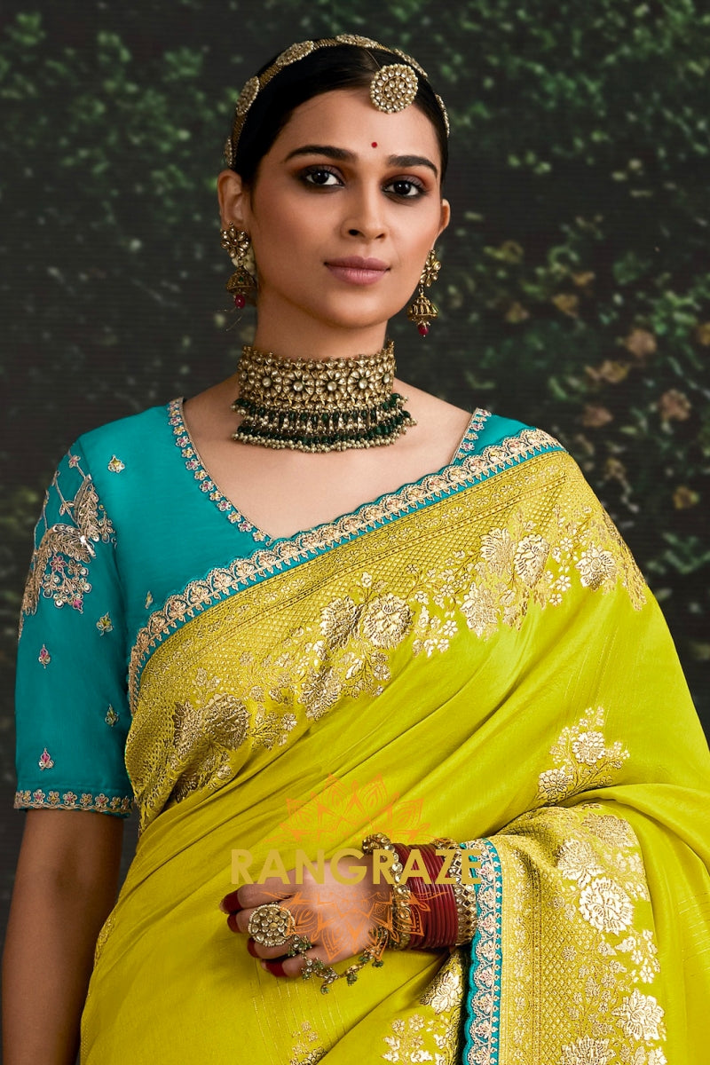 Vibrant Lime Yellow and Aqua Blue Banarasi Silk Saree