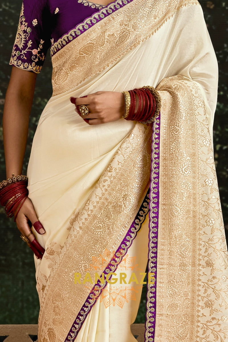 Ivory and Purple Banarasi Silk Saree – An Epitome of Timeless Elegance
