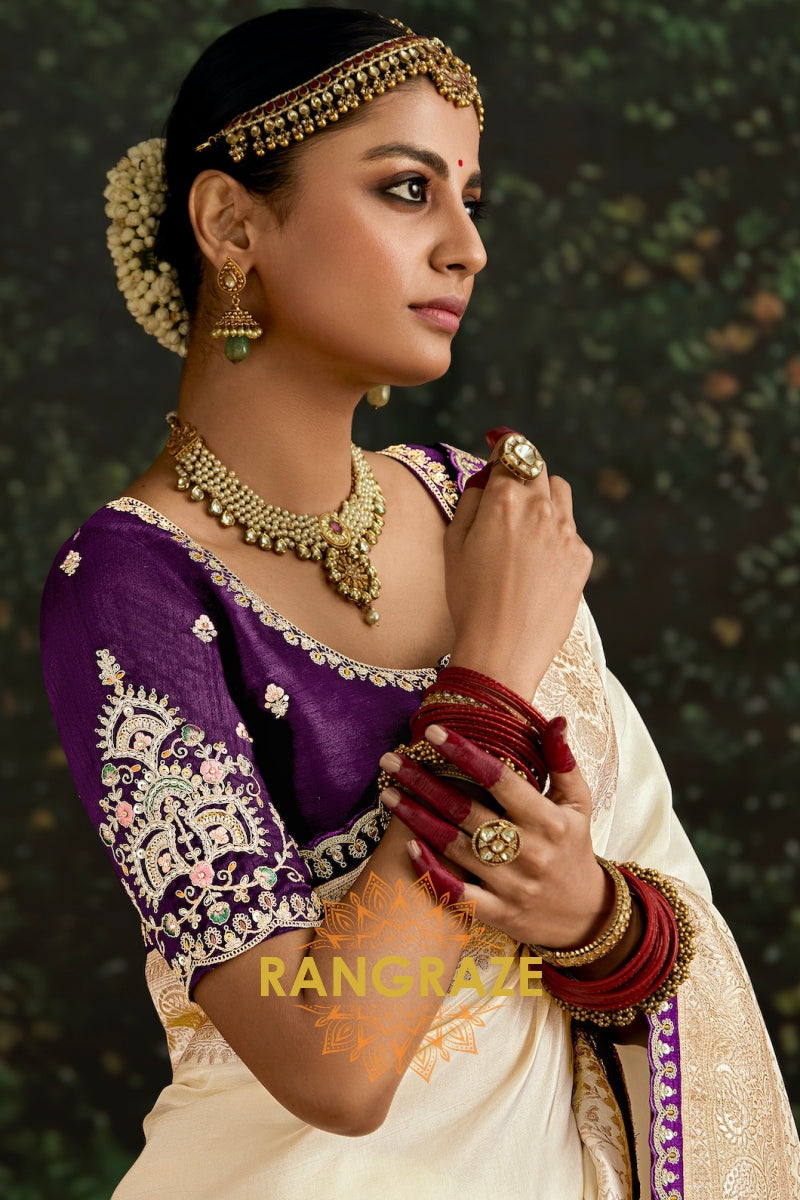 Ivory and Purple Banarasi Silk Saree – An Epitome of Timeless Elegance