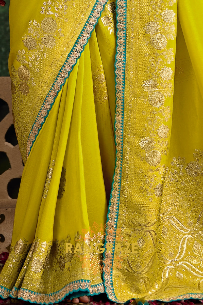 Vibrant Lime Yellow and Aqua Blue Banarasi Silk Saree