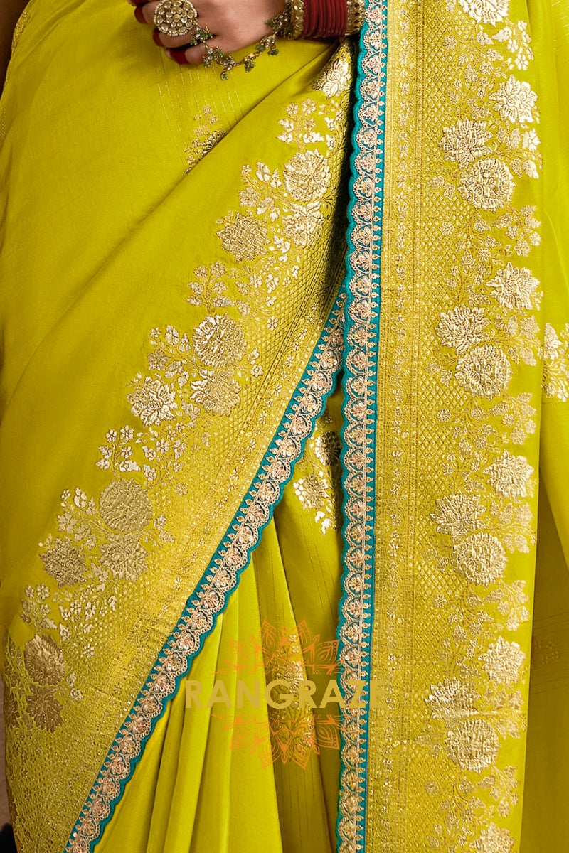 Vibrant Lime Yellow and Aqua Blue Banarasi Silk Saree