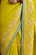 Vibrant Lime Yellow and Aqua Blue Banarasi Silk Saree