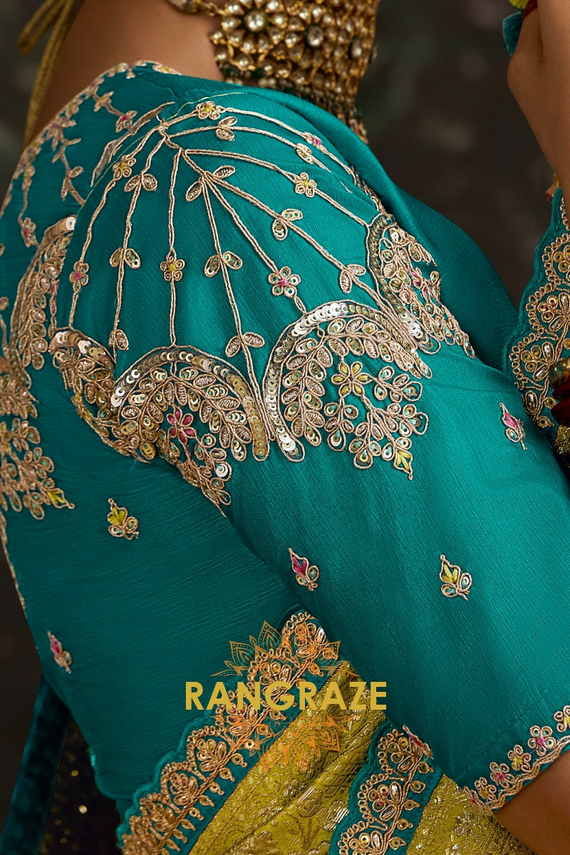 Vibrant Lime Yellow and Aqua Blue Banarasi Silk Saree