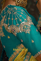 Vibrant Lime Yellow and Aqua Blue Banarasi Silk Saree