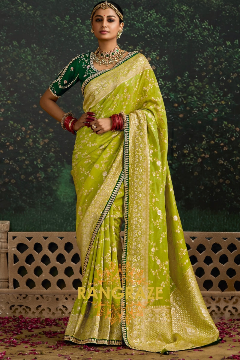 Lime Green and Emerald Green Banarasi Silk Saree