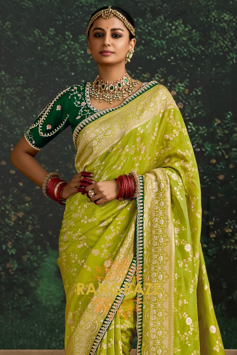 Lime Green and Emerald Green Banarasi Silk Saree