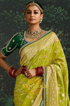 Lime Green and Emerald Green Banarasi Silk Saree