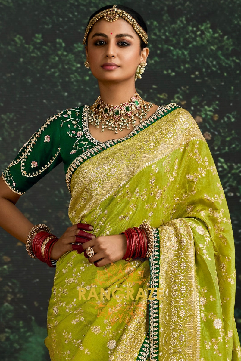 Lime Green and Emerald Green Banarasi Silk Saree