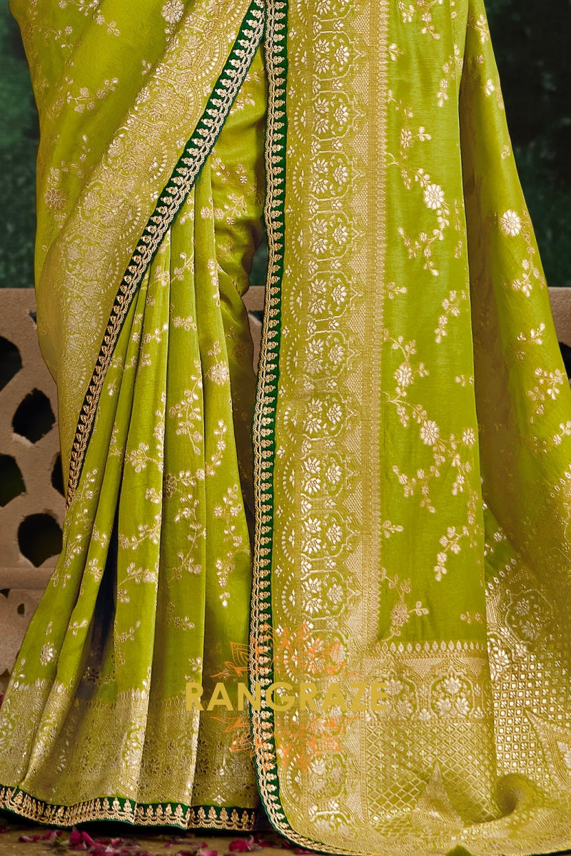Lime Green and Emerald Green Banarasi Silk Saree