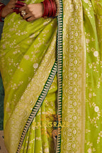 Lime Green and Emerald Green Banarasi Silk Saree