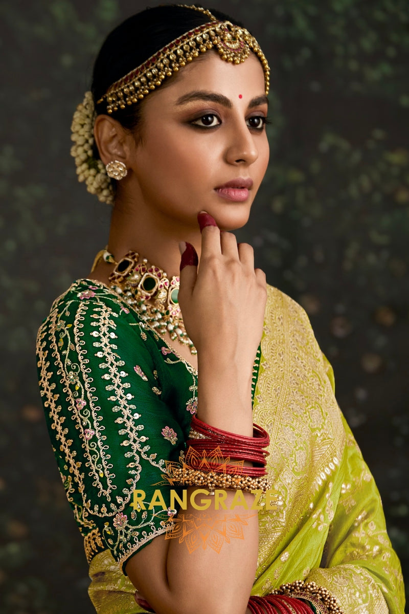 Lime Green and Emerald Green Banarasi Silk Saree