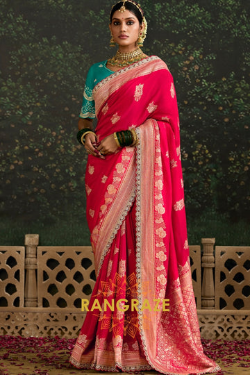 Ruby Red and Teal Green Banarasi Silk Saree