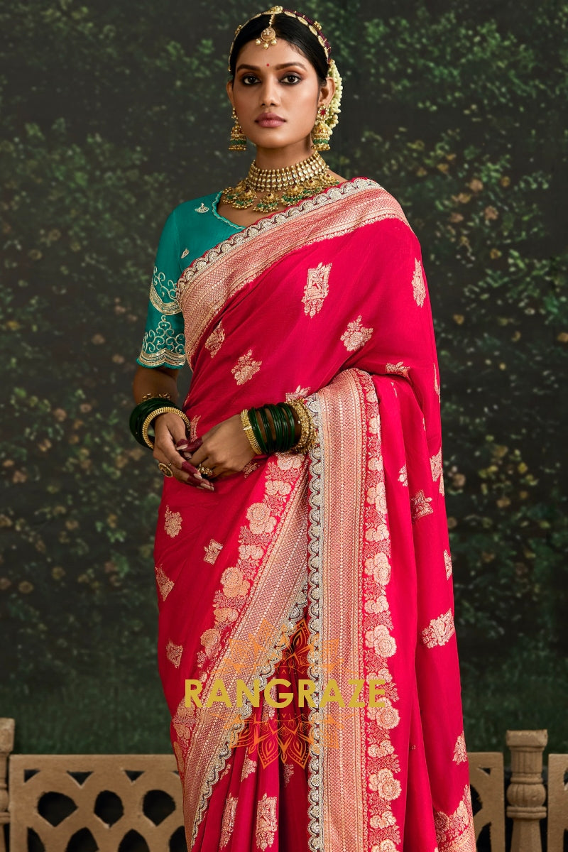 Ruby Red and Teal Green Banarasi Silk Saree