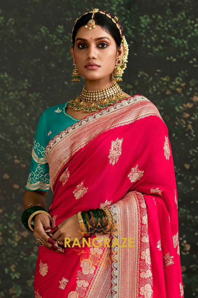 Ruby Red and Teal Green Banarasi Silk Saree
