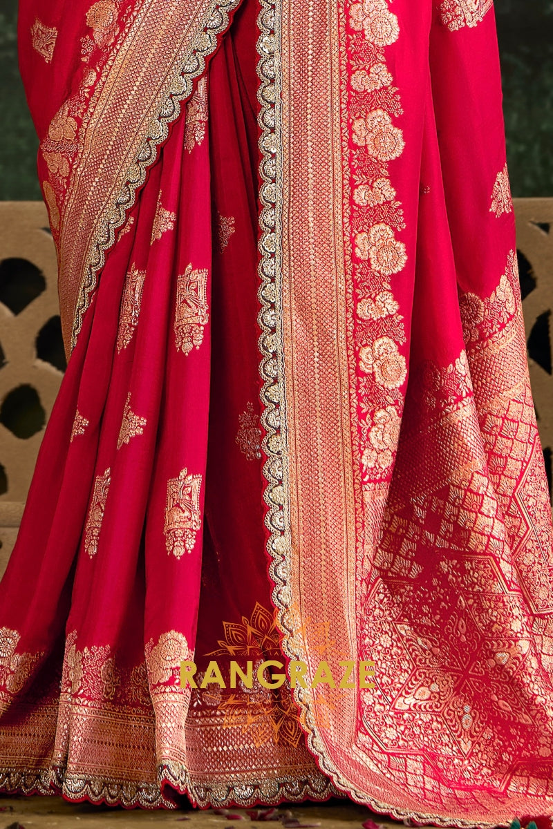 Ruby Red and Teal Green Banarasi Silk Saree