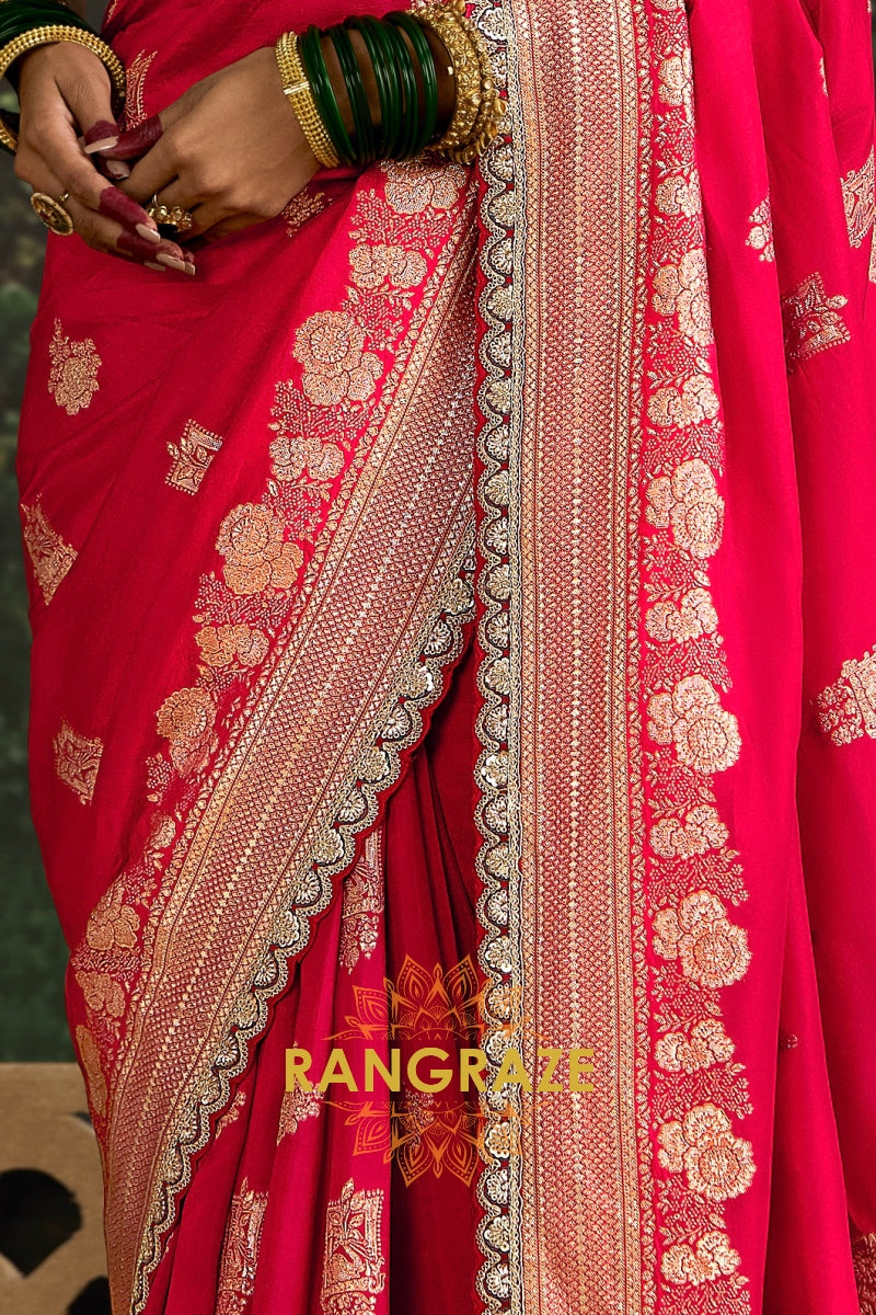 Ruby Red and Teal Green Banarasi Silk Saree