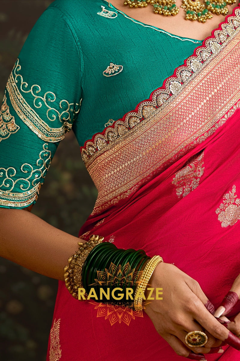 Ruby Red and Teal Green Banarasi Silk Saree