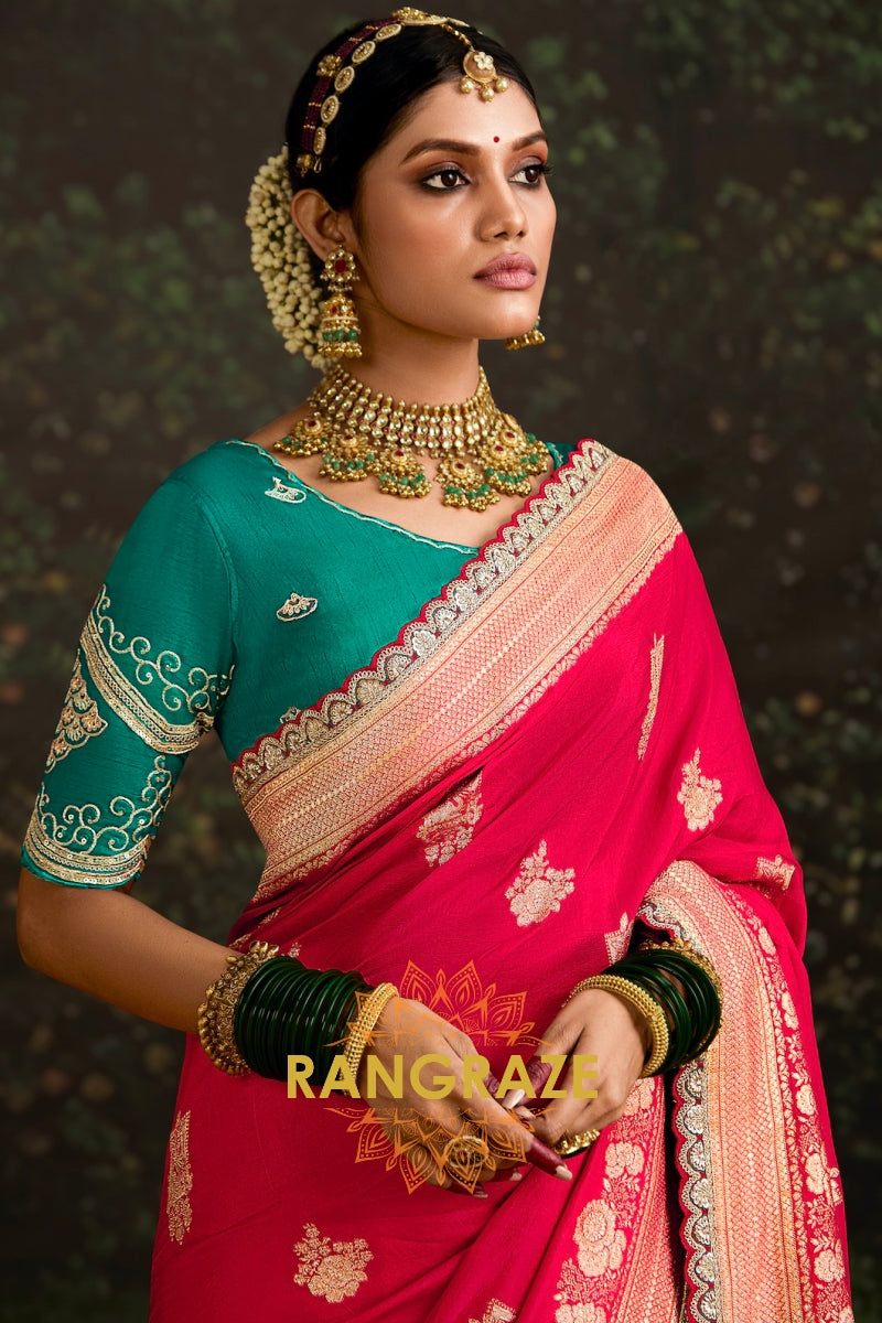 Ruby Red and Teal Green Banarasi Silk Saree