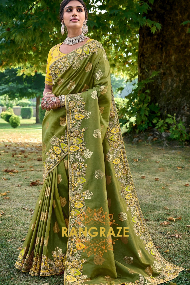 Mehndi Mystique: Embroidered Designer Silk Saree with Resam and Stone Work