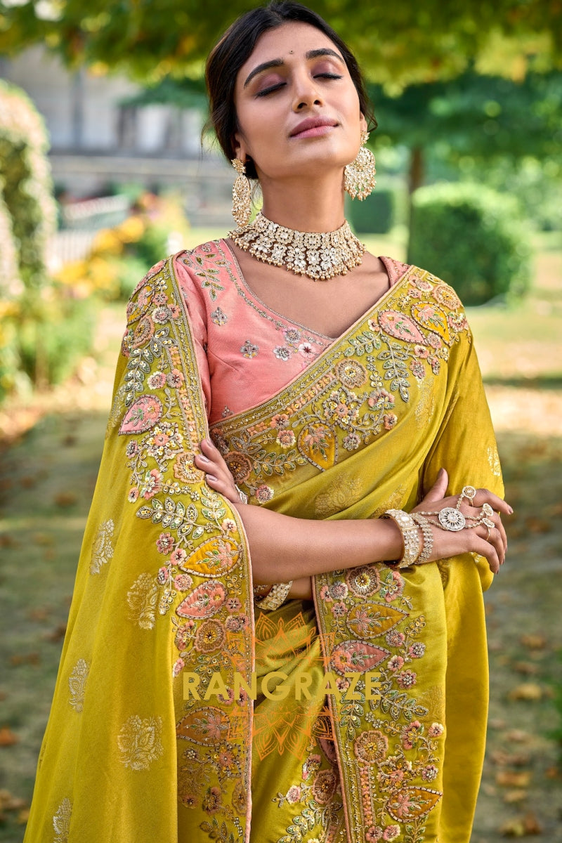 Sunset Radiance: Embroidered Designer Silk Saree with Peach Silk Blouse