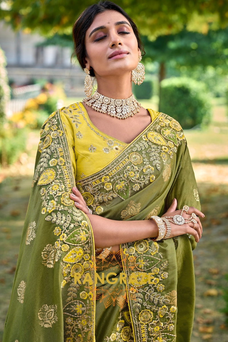 Mehndi Mystique: Embroidered Designer Silk Saree with Resam and Stone Work