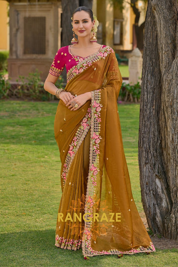 Sunlit Mustard: Embroidered Mustard Yellow Organza Saree with Cut Work and Pink Silk Blouse