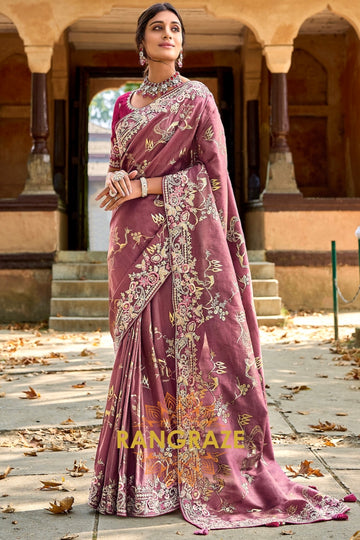 Oriental Rose: Zari-Woven Embroidered Designer Silk Saree