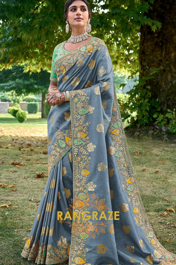 Steel Blue Elegance: Embroidered Designer Silk Saree with Resam and Stone Work