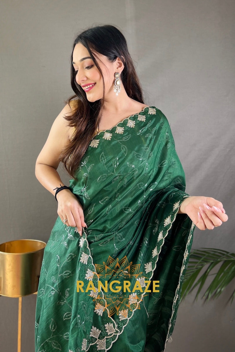 Green Pure Ruhi Silk Saree With Sequin Jaal Work And Cutwork Fancy Border