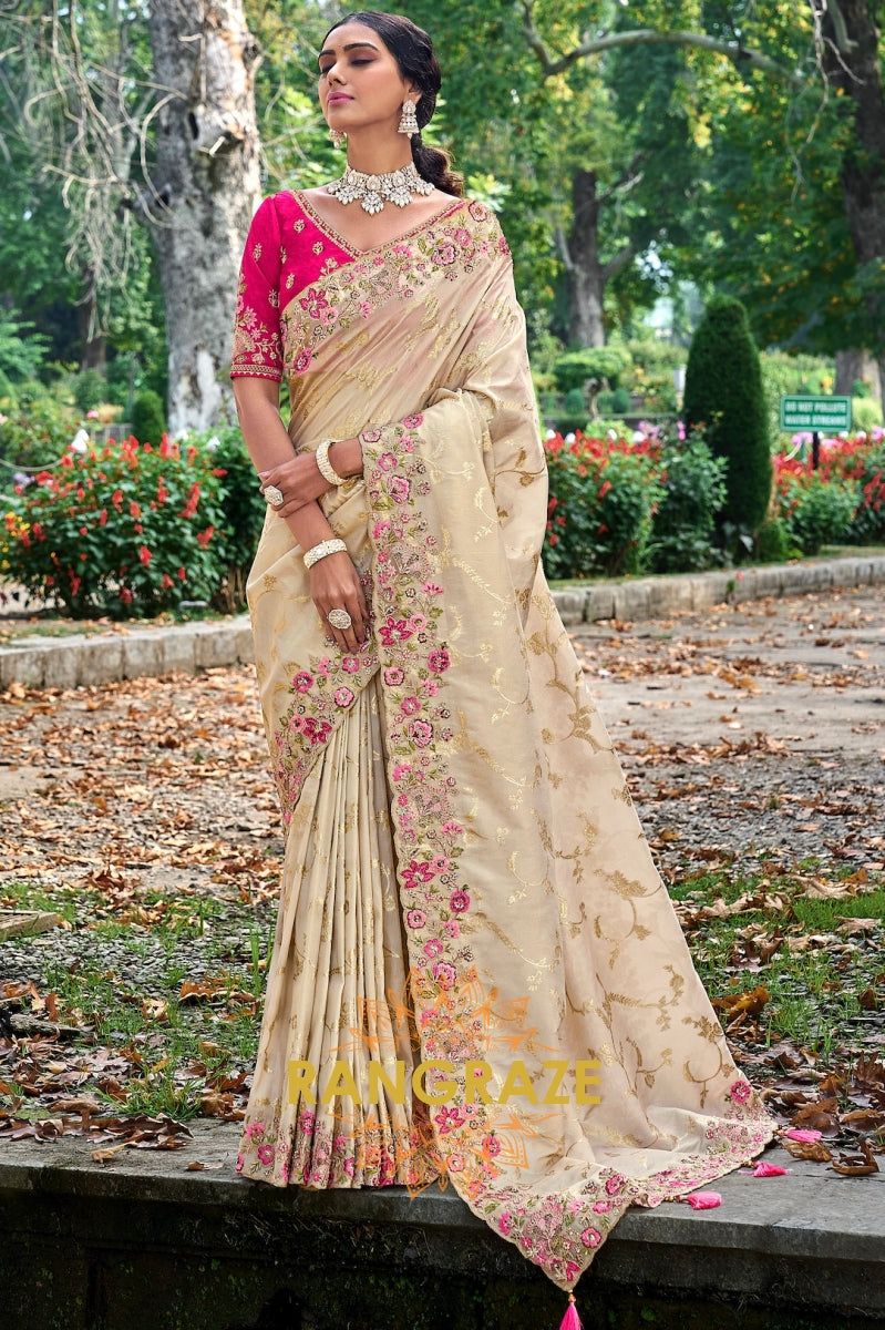 Ivory Grace: Embroidered Designer Silk Saree with Pink Silk Blouse and Cut Work