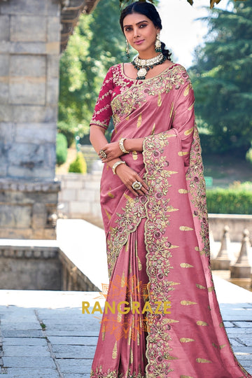 Rosewood Elegance: Embroidered Designer Silk Saree with Cut Work