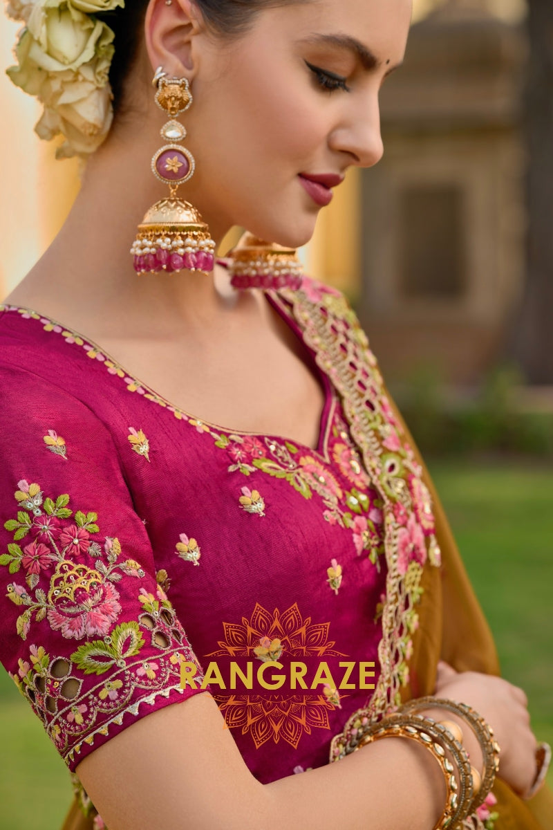 Sunlit Mustard: Embroidered Mustard Yellow Organza Saree with Cut Work and Pink Silk Blouse