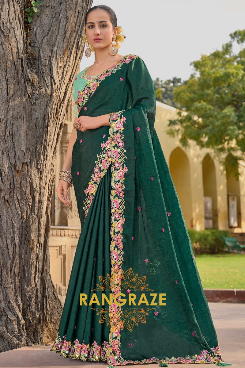 Forest Grace: Hand-Embroidered Pure Organza Saree with Cut Work