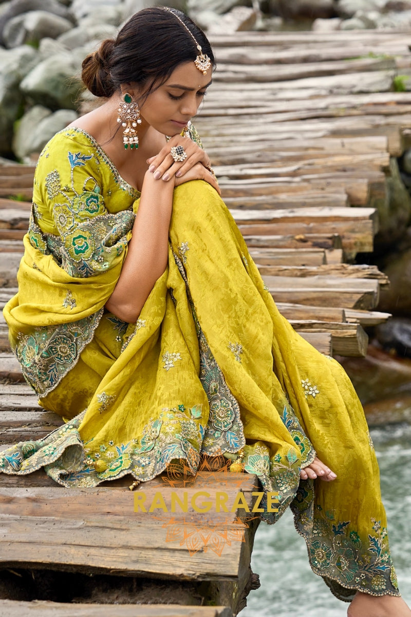 Saffron Legacy: Designer Embroidered Silk Saree