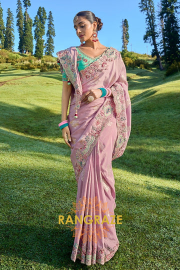 Lilac Aura: Designer Embroidered Silk Saree